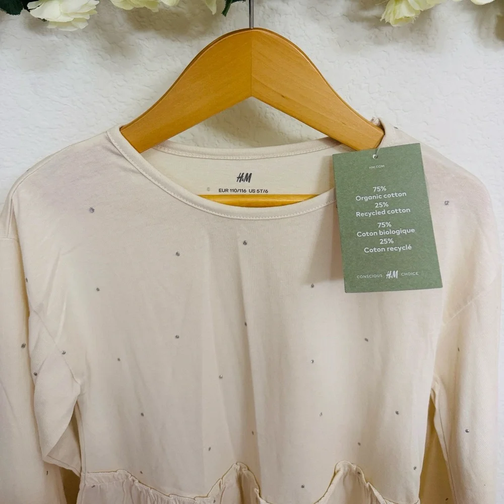 H&M • Cream Cotton Ruffle T-shirt Dress with Shimmering Silver Polka Dot Detail